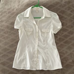 White silky short-sleeved button down top